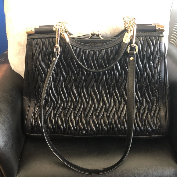 Chic Black Coach Textured Satchel with Gold Hardware